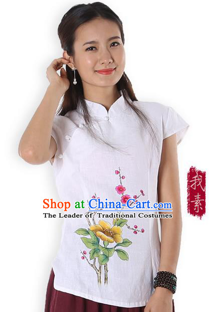 Top Chinese Traditional Costume Tang Suit White Linen Painting Trumpet Flower Blouse, Pulian Zen Clothing China Cheongsam Upper Outer Garment Stand Collar Shirts for Women