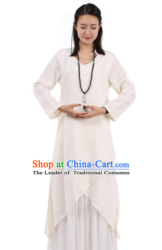 Top Chinese Traditional Costume Tang Suit White Qipao Dress, Pulian Meditation Clothing China Cheongsam Upper Outer Garment Dress for Women