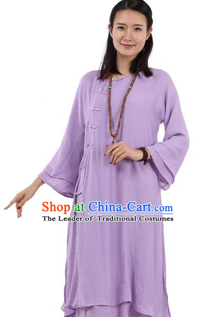 Top Chinese Traditional Costume Tang Suit Purple Plated Buttons Qipao Dress, Pulian Clothing Republic of China Cheongsam Dress for Women