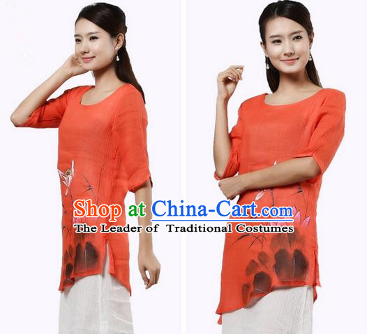 Top Chinese Traditional Costume Tang Suit Painting Lotus Orange Blouse, Pulian Zen Clothing China Cheongsam Dress Upper Outer Garment Shirts for Women