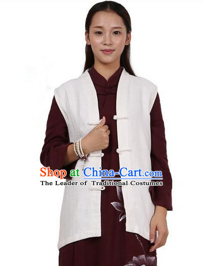 Top Chinese Traditional Costume Tang Suit Plated Buttons Upper Outer Garment Vest, Pulian Zen Clothing Republic of China Waistcoat White Cappa for Women