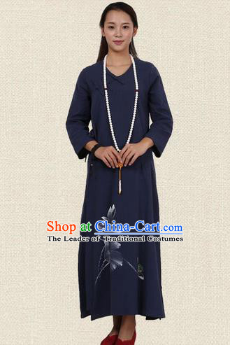 Top Chinese Traditional Costume Tang Suit Linen Qipao Dress, Pulian Zen Clothing Republic of China Cheongsam Painting Navy Long Dress for Women
