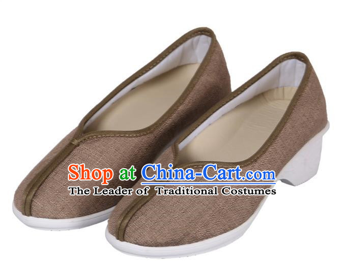 Top Chinese Traditional Linen High-heeled Shoes, Pulian Zen Shoes China Martial Art Brown Cloth Shoe for Women