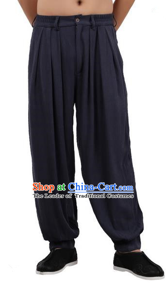 Top Chinese Traditional Linen Kong Fu Loose Pants, Pulian Zen Clothing China Martial Art Plus Fours Bloomers Navy Trousers for Men