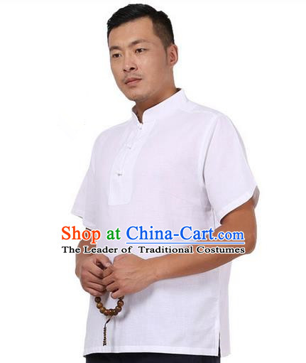Traditional Chinese Kung Fu Costume Martial Arts Linen Plated Buttons White Shirts Pulian Meditation Clothing, China Tang Suit Upper Outer Garment for Men