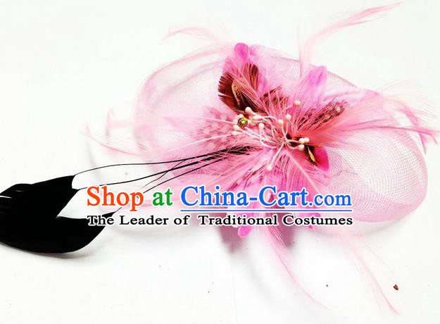 Traditional Chinese Folk Dance Headwear Yangko Hair Accessories, Chinese Classical Dance Pink Feather Veil Headpiece Hair Pin for Women