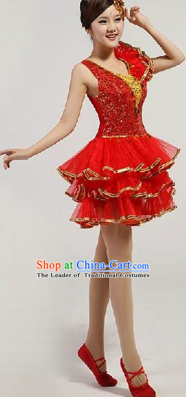 Chinese Compere Performance Costume, Opening Dance Chorus Dress, Modern Dance Classic Dance Red Bubble Dress for Women