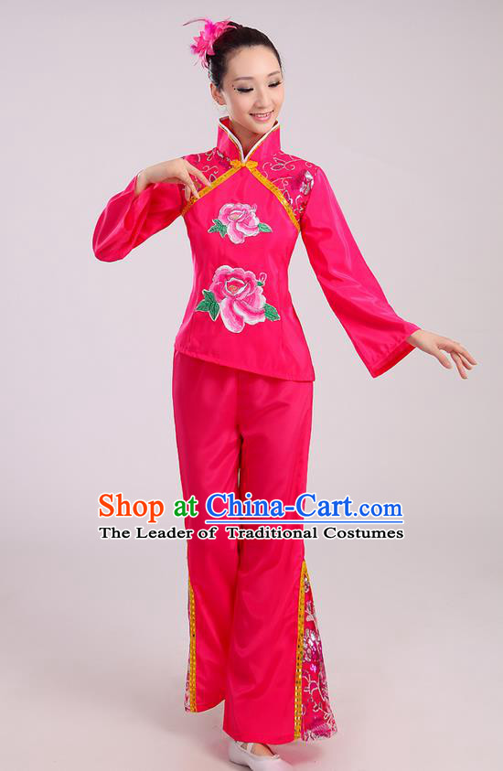 Traditional Chinese Yangge Fan Dancing Costume, Folk Dance Yangko Mandarin Sleeve Uniform Drum Dance Rose Clothing for Women