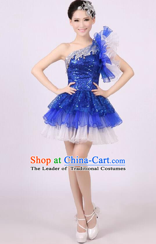 Traditional Chinese Modern Dance Costume, Women Opening Dance Chorus Group Uniforms One-shoulder Short Blue Bubble Dress for Women