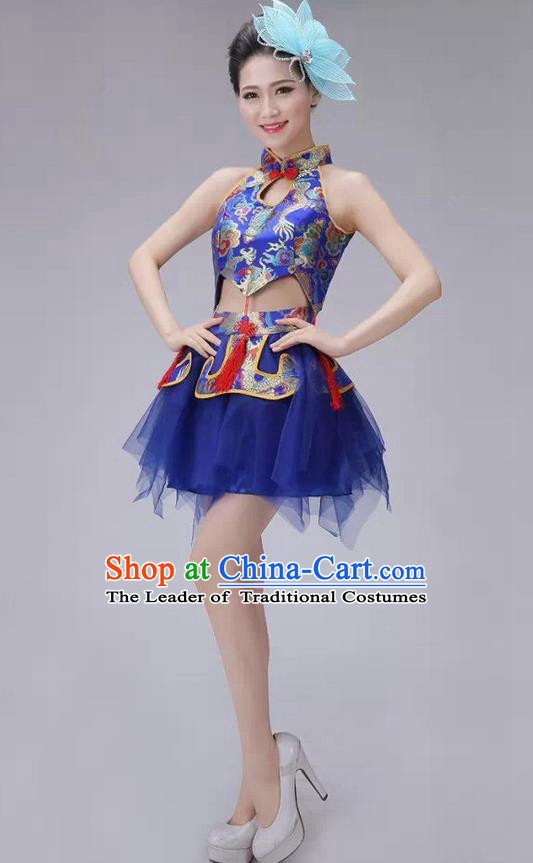 Traditional Chinese Modern Dance Costume, China Style Women Opening Dance Chorus Group Uniforms Short Blue Bubble Dress for Women