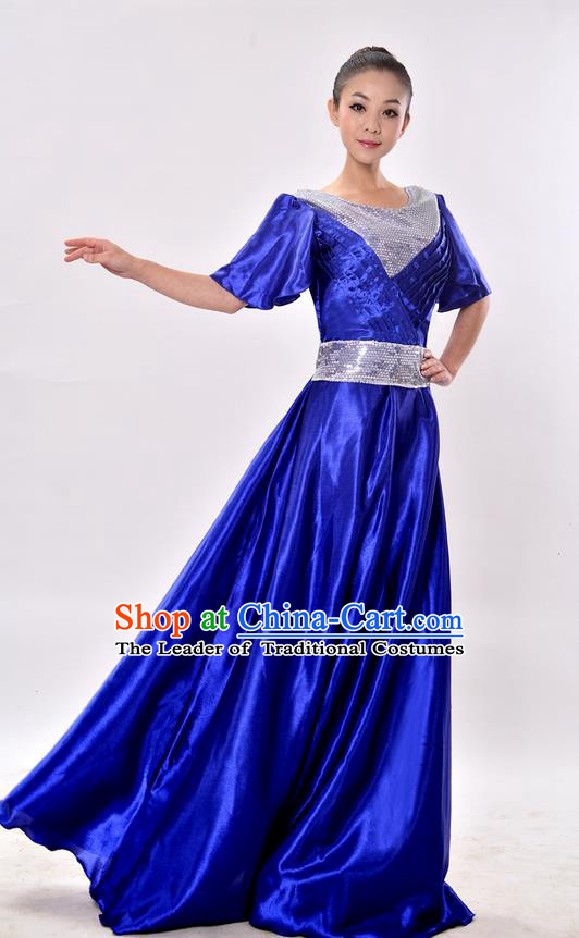 Top Grade Professional Compere Modern Dance Costume, Women Opening Dance Chorus Singing Group Uniforms Blue Paillette Long Dress for Women