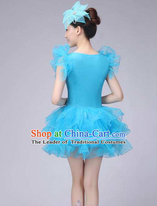 Traditional Chinese Modern Dance Costume, Women Opening Dance Chorus Group Uniforms Short Blue Bubble Dress for Women