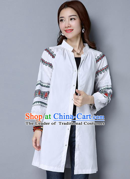 Traditional Chinese National Costume, Elegant Hanfu Embroidery White Shirt, China Tang Suit Republic of China Chirpaur Blouse Cheong-sam Upper Outer Garment Qipao Shirts Clothing for Women