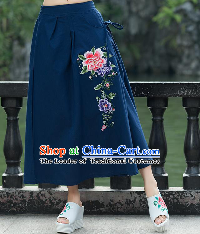 Traditional Ancient Chinese National Pleated Skirt Costume, Elegant Hanfu Linen Embroidery Long Blue Skirts, China Tang Suit Bust Skirt for Women