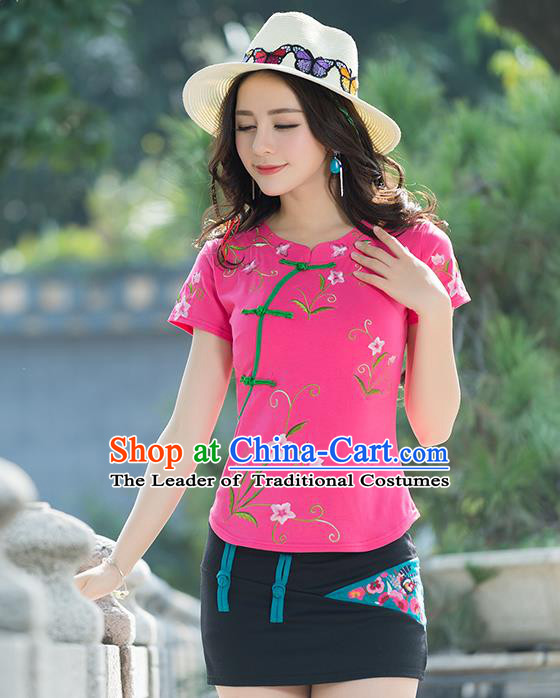Traditional Chinese National Costume, Elegant Hanfu Embroidery Flowers Slant Opening Pink T-Shirt, China Tang Suit Republic of China Plated Buttons Chirpaur Blouse Cheong-sam Upper Outer Garment Qipao Shirts Clothing for Women