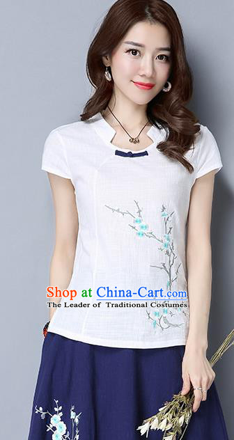 Traditional Chinese National Costume, Elegant Hanfu Embroidered Wintersweet Slant Opening White T-Shirt, China Tang Suit Republic of China Plated Buttons Chirpaur Blouse Cheong-sam Upper Outer Garment Qipao Shirts Clothing for Women