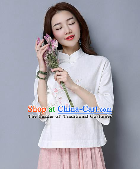 Traditional Chinese National Costume, Elegant Hanfu Painting Peach blossom Flowers Slant Opening White T-Shirt, China Tang Suit Republic of China Plated Buttons Chirpaur Stand Collar Blouse Cheong-sam Upper Outer Garment Qipao Shirts Clothing for Women
