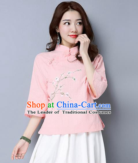 Traditional Chinese National Costume, Elegant Hanfu Painting Peach blossom Flowers Slant Opening Pink T-Shirt, China Tang Suit Republic of China Plated Buttons Chirpaur Stand Collar Blouse Cheong-sam Upper Outer Garment Qipao Shirts Clothing for Women