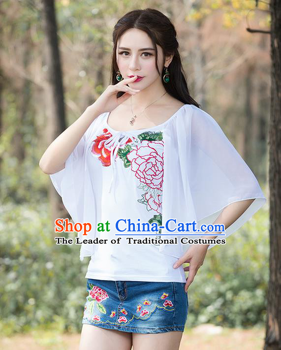 Traditional Chinese National Costume, Elegant Hanfu Embroidery Flowers White Blouse, China Tang Suit Republic of China Chirpaur Blouse Cheong-sam Upper Outer Garment Qipao Shirts Clothing for Women