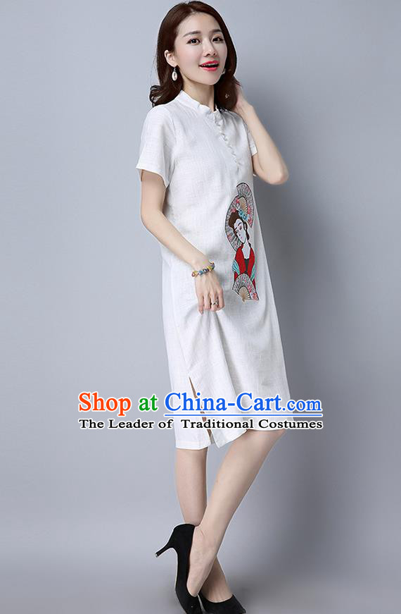 Traditional Ancient Chinese National Costume, Elegant Hanfu Mandarin Qipao Linen Embroidered White Dress, China Tang Suit Chirpaur Republic of China Cheongsam Upper Outer Garment Elegant Dress Clothing for Women
