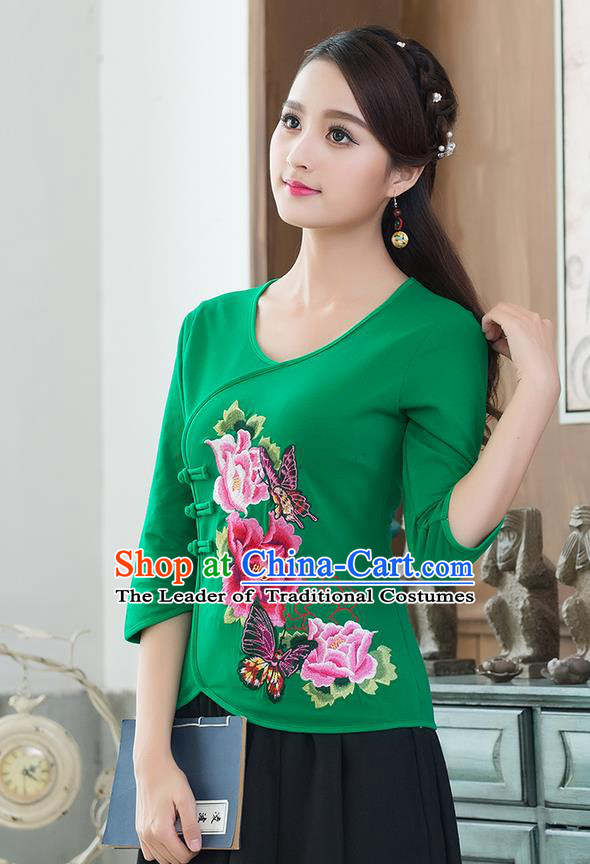 Traditional Chinese National Costume, Elegant Hanfu Embroidery Flowers Slant Opening Green Blouses, China Tang Suit Republic of China Plated Buttons Chirpaur Blouse Cheong-sam Upper Outer Garment Qipao Shirts Clothing for Women