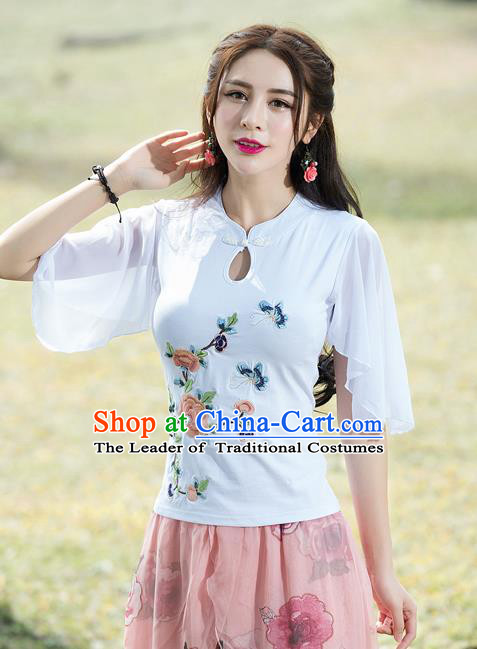 Traditional Chinese National Costume, Elegant Hanfu Embroidery Flowers Mandarin Sleeve White T-Shirt, China Tang Suit Republic of China Plated Buttons Chirpaur Blouse Cheong-sam Upper Outer Garment Qipao Shirts Clothing for Women