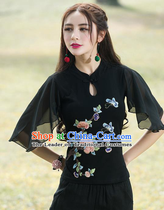 Traditional Chinese National Costume, Elegant Hanfu Embroidery Flowers Mandarin Sleeve Black T-Shirt, China Tang Suit Republic of China Plated Buttons Chirpaur Blouse Cheong-sam Upper Outer Garment Qipao Shirts Clothing for Women