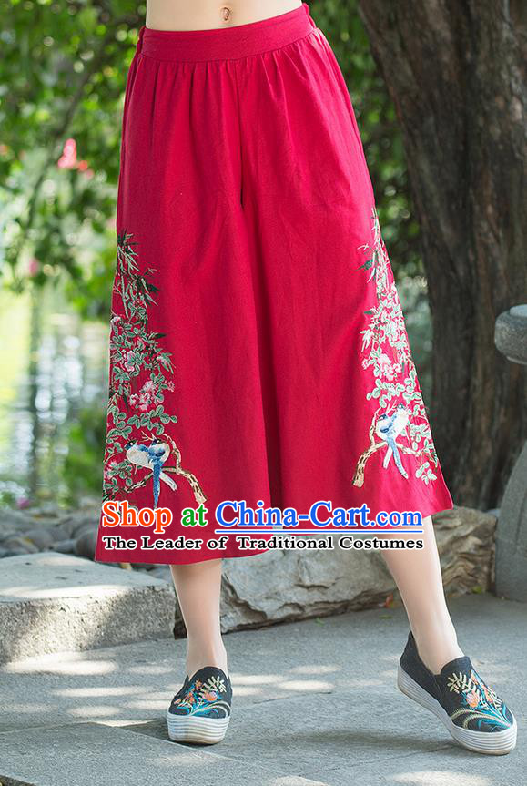 Traditional Chinese National Costume Loose Pants, Elegant Hanfu Embroidered Red Wide leg Pants, China Ethnic Minorities Tang Suit Ultra-wide-leg Trousers for Women