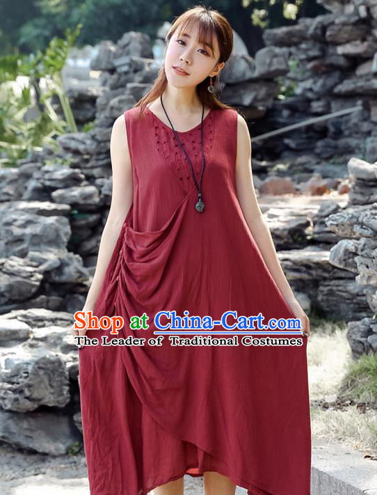 Traditional Ancient Chinese National Costume, Elegant Hanfu Qipao Linen Red Dress, China Tang Suit Cheongsam Upper Outer Garment Elegant Dress Clothing for Women