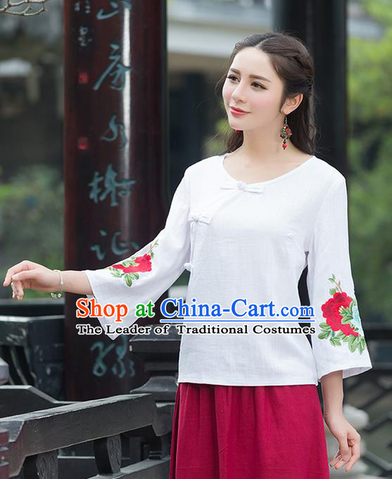 Traditional Chinese National Costume, Elegant Hanfu Embroidery Flowers Slant Opening Mandarin Sleeve White T-Shirt, China Tang Suit Republic of China Plated Buttons Chirpaur Blouse Cheong-sam Upper Outer Garment Qipao Shirts Clothing for Women