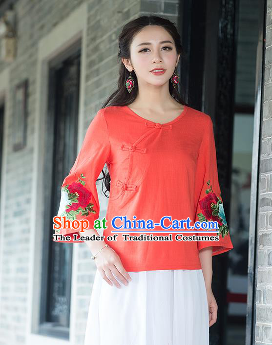 Traditional Chinese National Costume, Elegant Hanfu Embroidery Flowers Slant Opening Mandarin Sleeve Orange T-Shirt, China Tang Suit Republic of China Plated Buttons Chirpaur Blouse Cheong-sam Upper Outer Garment Qipao Shirts Clothing for Women