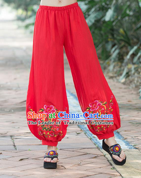 Traditional Chinese National Costume Plus Fours, Elegant Hanfu Embroidered Flowers Red Bloomers, China Ethnic Minorities Tang Suit Pantalettes for Women