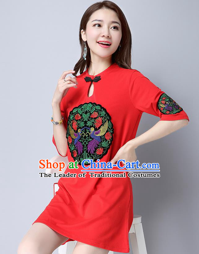 Traditional Ancient Chinese National Costume, Elegant Hanfu Mandarin Qipao Patch Embroidery Red Dress, China Tang Suit Plated Button Chirpaur Republic of China Cheongsam Upper Outer Garment Elegant Dress Clothing for Women