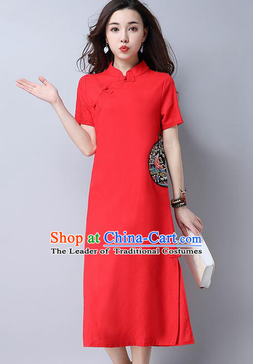 Traditional Ancient Chinese National Costume, Elegant Hanfu Mandarin Qipao Linen Slant Opening Embroidery Red Dress, China Tang Suit Chirpaur Republic of China Cheongsam Upper Outer Garment Elegant Dress Clothing for Women