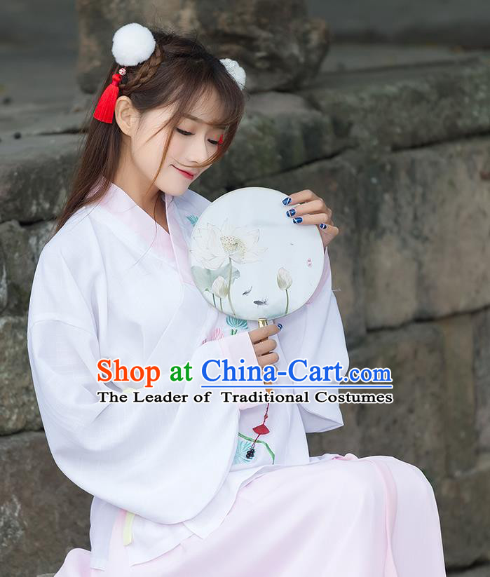 Traditional Ancient Chinese Costume, Elegant Hanfu Clothing Embroidered Slant Opening Pink Blouse, China Tang Dynasty Princess Elegant Blouse for Women