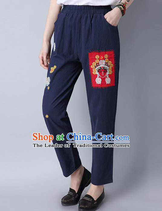 Traditional Chinese National Costume Loose Pants, Elegant Hanfu Embroidered Beijing Opera Facial Masks Navy Wide leg Pants, China Ethnic Minorities Tang Suit Ultra-wide-leg Trousers for Women