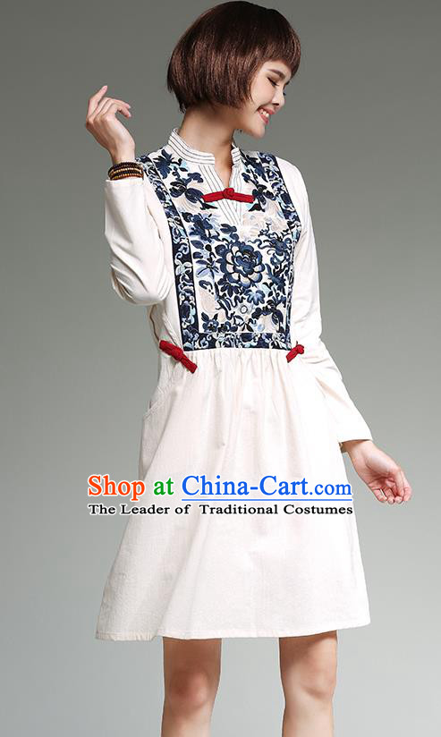 Traditional Ancient Chinese National Costume, Elegant Hanfu Mandarin Qipao Patch Embroidery Linen White Dress, China Tang Suit Chirpaur Republic of China Cheongsam Upper Outer Garment Elegant Dress Clothing for Women