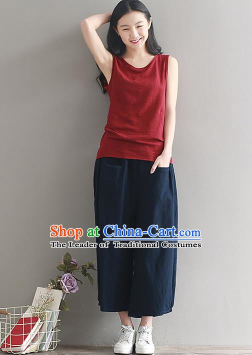 Traditional Chinese National Costume Loose Pants, Elegant Hanfu Linen Navy Wide leg Pants, China Ethnic Minorities Tang Suit Ultra-wide-leg Trousers for Women