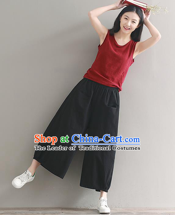 Traditional Chinese National Costume Loose Pants, Elegant Hanfu Linen Black Wide leg Pants, China Ethnic Minorities Tang Suit Ultra-wide-leg Trousers for Women