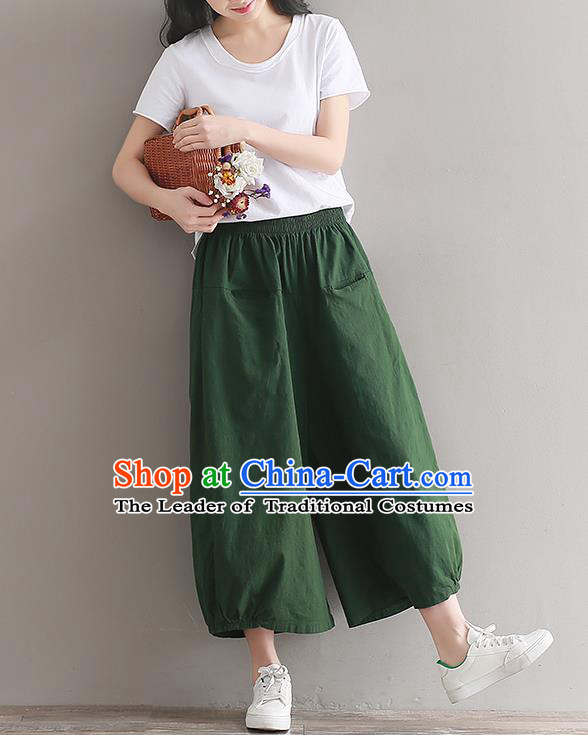 Traditional Chinese National Costume Loose Pants, Elegant Hanfu Linen Green Wide leg Pants, China Ethnic Minorities Tang Suit Ultra-wide-leg Trousers for Women