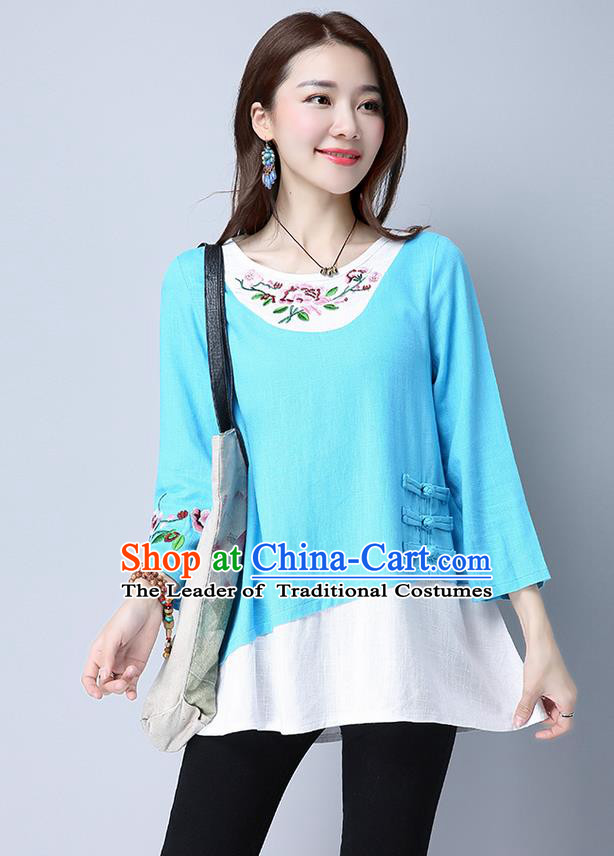 Traditional Chinese National Costume, Elegant Hanfu Embroidery Flowers Slant Opening Joint Blue T-Shirt, China Tang Suit Republic of China Plated Buttons Chirpaur Blouse Cheong-sam Upper Outer Garment Qipao Shirts Clothing for Women