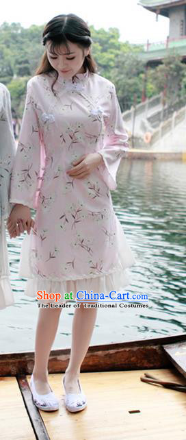 Traditional Ancient Chinese National Costume, Elegant Hanfu Mandarin Qipao Falbala Pink Dress, China Tang Suit Mandarin Sleeve Chirpaur Republic of China Cheongsam Upper Outer Garment Elegant Dress Clothing for Women