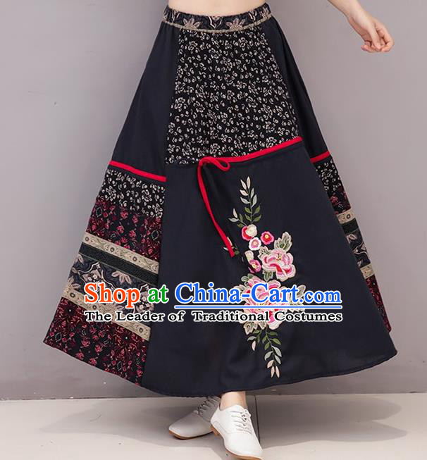 Traditional Ancient Chinese National Pleated Skirt Costume, Elegant Hanfu Linen Embroidery Long Black Dress, China Tang Suit National Minority Bust Skirt for Women