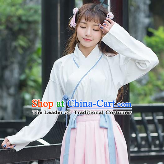 Traditional Ancient Chinese Costume, Elegant Hanfu Clothing Embroidered Slant Opening White Blouse, China Tang Dynasty Princess Elegant Blouse for Women