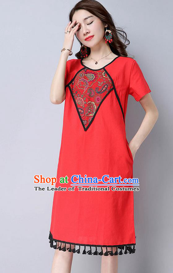 Traditional Ancient Chinese National Costume, Elegant Hanfu Mandarin Qipao Linen Patch Embroidery Red Dress, China Tang Suit Tassel Chirpaur Republic of China Cheongsam Upper Outer Garment Elegant Dress Clothing for Women
