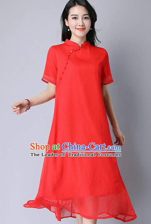 Traditional Ancient Chinese National Costume, Elegant Hanfu Mandarin Qipao Slant Opening Red Dress, China Tang Suit Plated Buttons Chirpaur Republic of China Cheongsam Upper Outer Garment Elegant Dress Clothing for Women