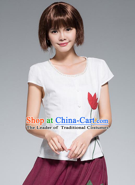 Traditional Chinese National Costume, Elegant Hanfu Patch Flowers T-Shirt, China Tang Suit Republic of China Chirpaur Blouse Cheong-sam Upper Outer Garment Qipao Shirts Clothing for Women