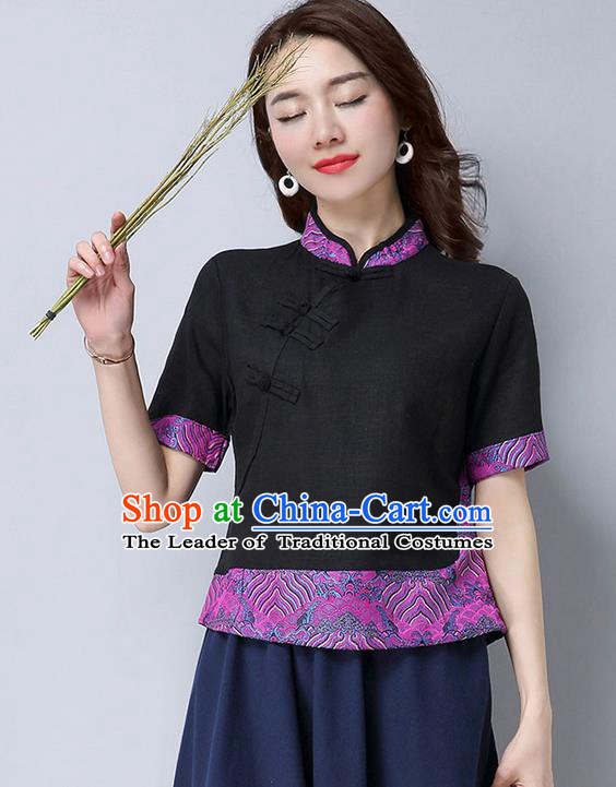 Traditional Chinese National Costume, Elegant Hanfu Joint Embroidery Flowers Slant Opening Black Shirt, China Tang Suit Republic of China Plated Buttons Chirpaur Blouse Cheong-sam Upper Outer Garment Qipao Shirts Clothing for Women