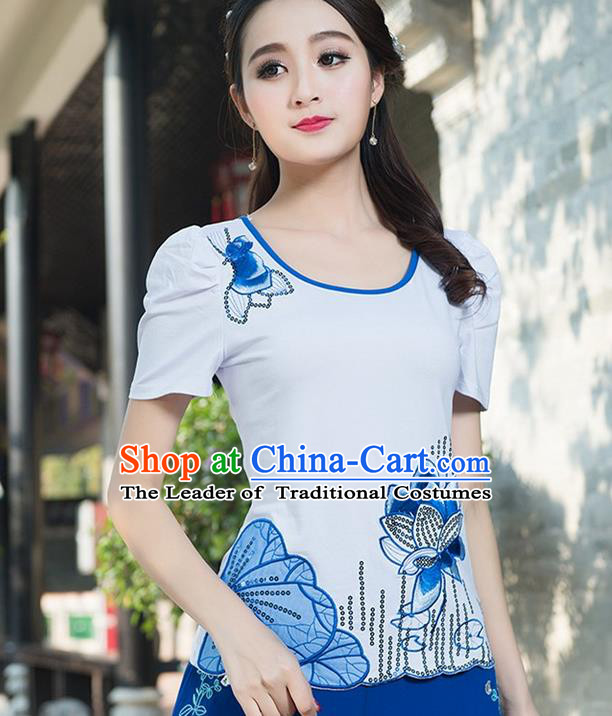 Traditional Chinese National Costume, Elegant Hanfu Embroidery Paillette White T-Shirt, China Tang Suit Republic of China Chirpaur Blouse Cheong-sam Upper Outer Garment Qipao Shirts Clothing for Women