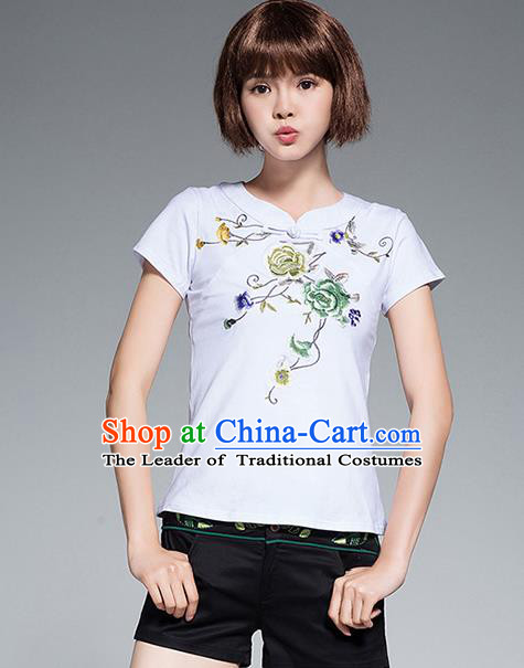 Traditional Chinese National Costume, Elegant Hanfu Embroidery Flowers White T-Shirt, China Tang Suit Plated Buttons Chirpaur Blouse Cheong-sam Upper Outer Garment Qipao Shirts Clothing for Women